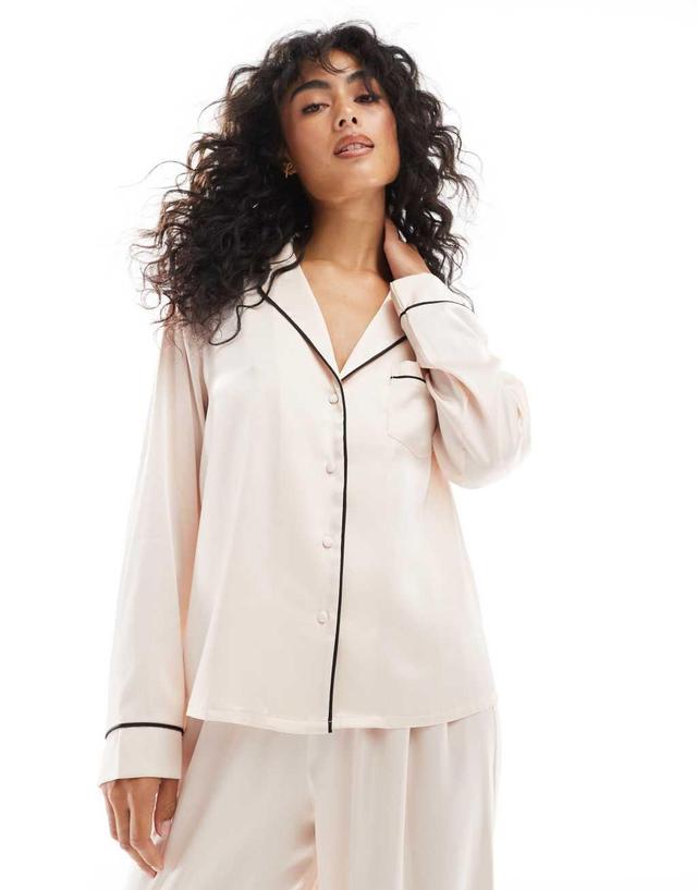 ASOS DESIGN satin long sleeve shirt & pants pajama set in pink Product Image