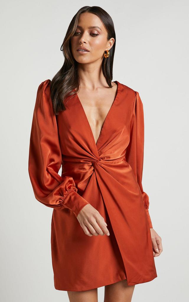 Billie Mini Dress - Twist Front Long Puff Sleeves Dress in Copper Product Image