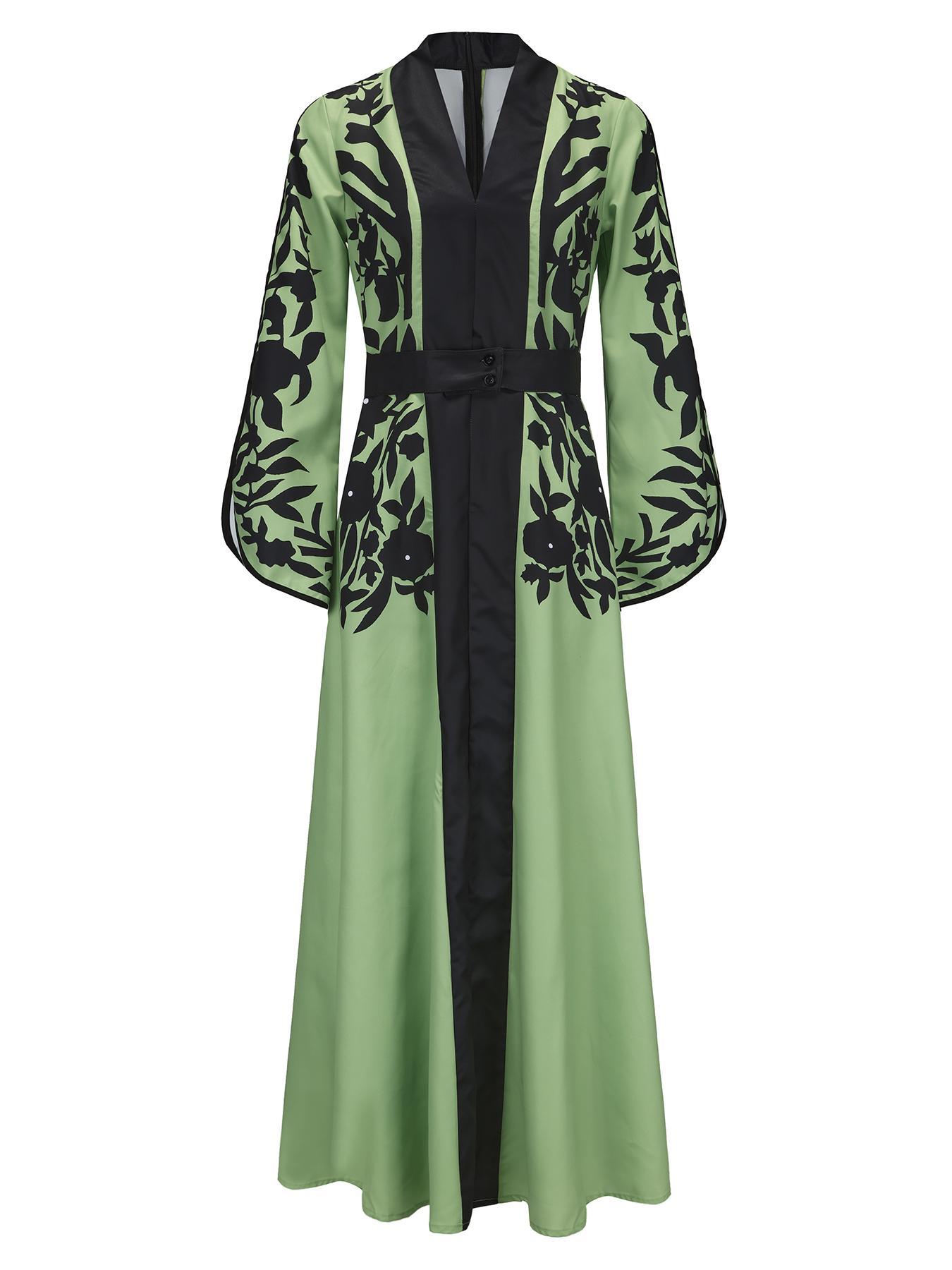 A-line Flared Sleeves Printed Tied Waist V-neck Maxi Dresses Product Image