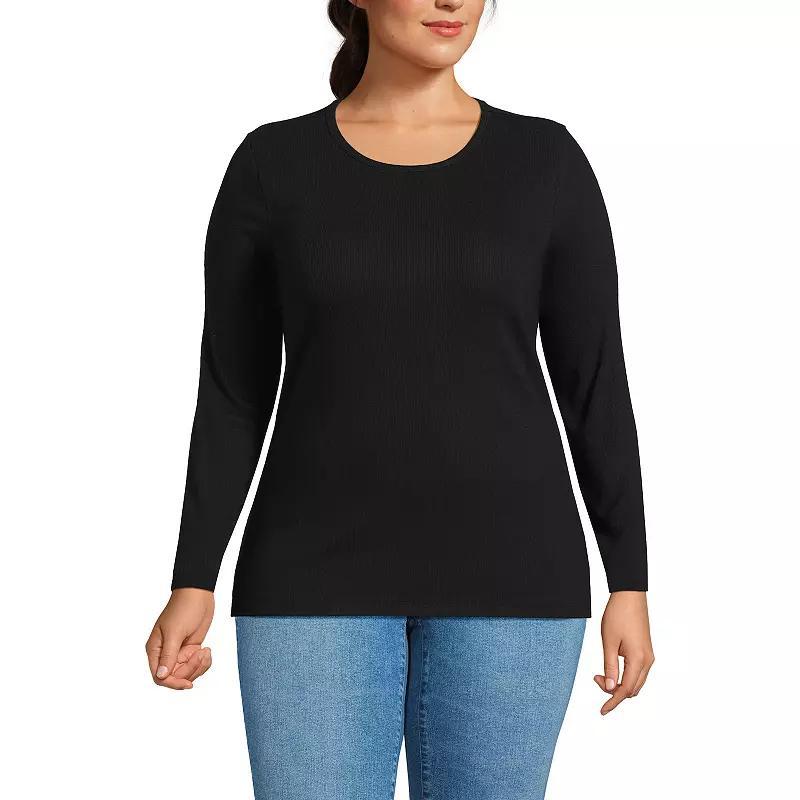 Plus Size Lands End Long Sleeve Micro Rib Crewneck Top, Womens Product Image