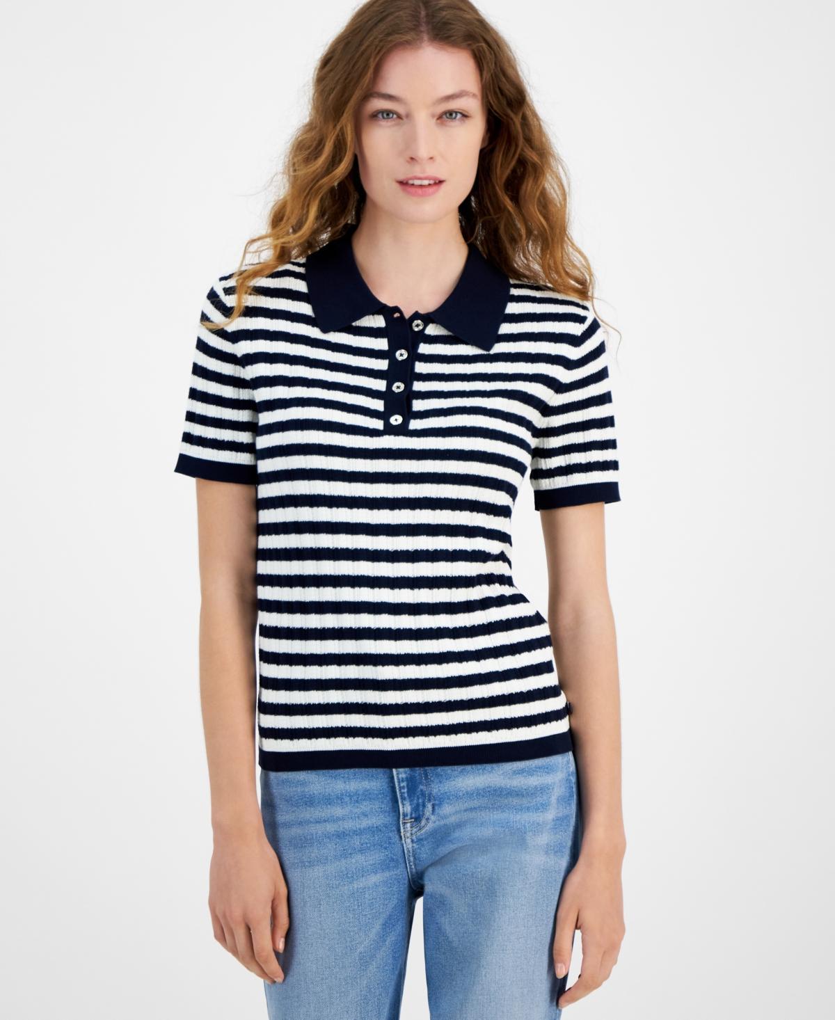 Tommy Hilfiger Womens Striped Short-Sleeve Polo Sweater - Sunflwr Product Image