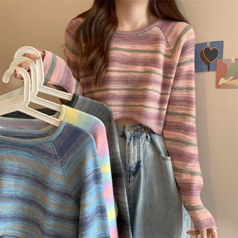 Round Neck Striped Asymmetrical Cropped Sweater Product Image