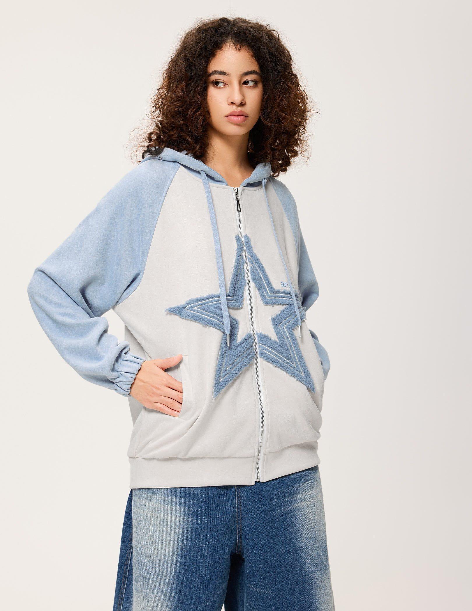 Aelfric Eden Suede Star Patchwork Zip Up Hoodie Product Image