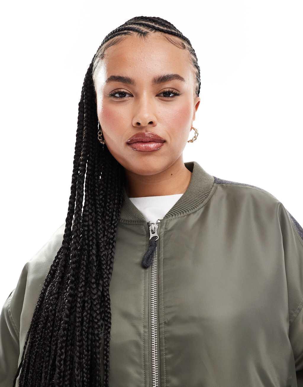 ASOS DESIGN Curve spliced bomber jacket in khaki and gray Product Image