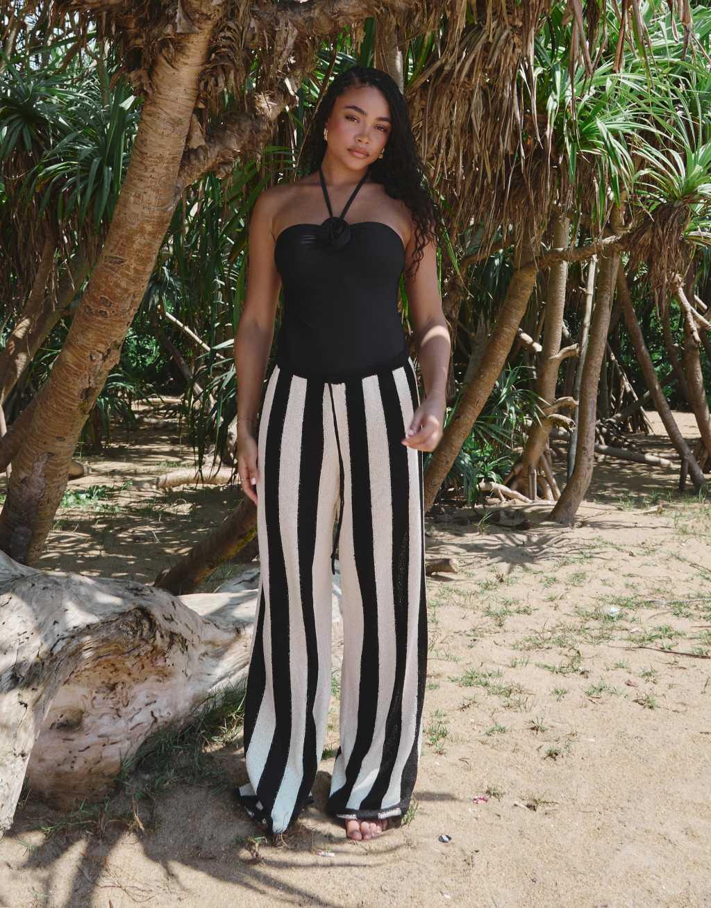 4th & Reckless x Loz Vassallo cuba knitted stripe beach pants in black and white Product Image