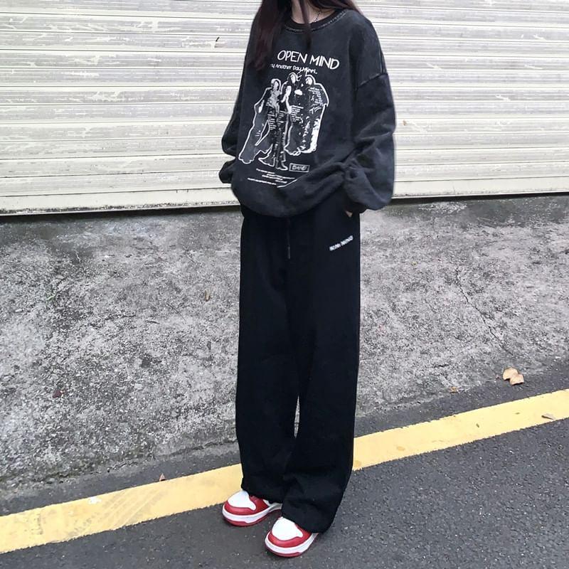 Drawstring Waist Lettering Wide Leg Sweatpants Product Image