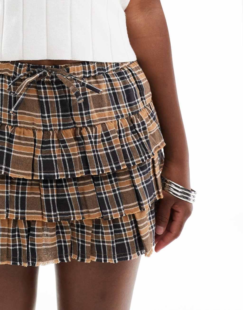 Bershka tie waist tiered mini skirt in brown plaid Product Image