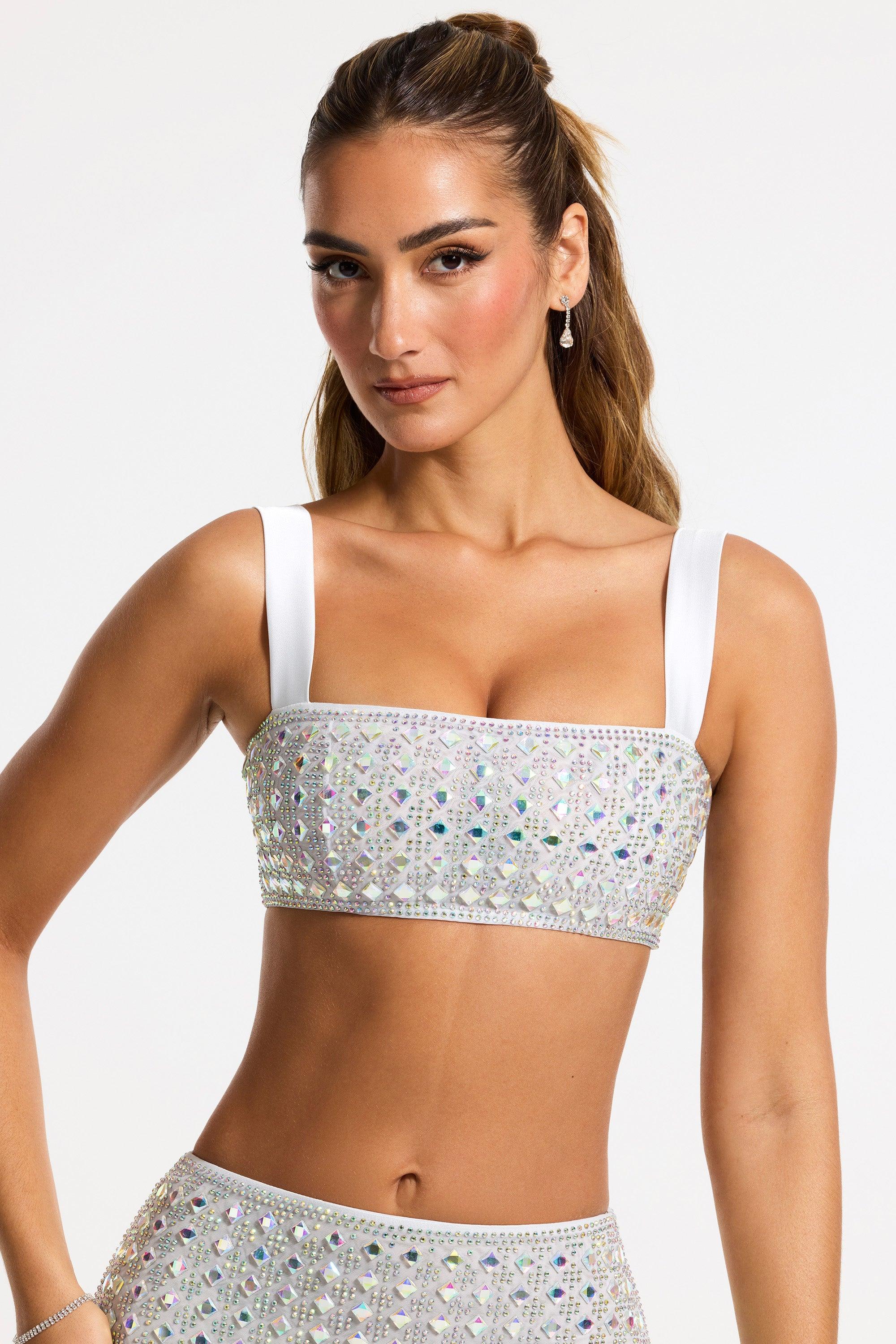 Embellished Square Neck Crop Top in Silver Product Image