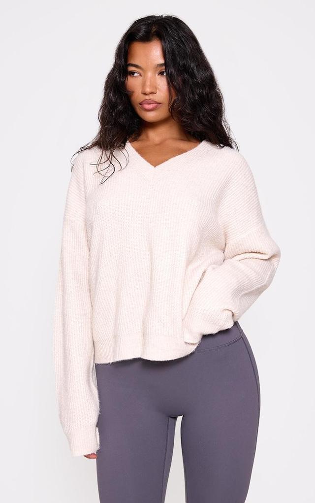 Oatmeal Soft Knit V Neck Oversized Sweater Product Image