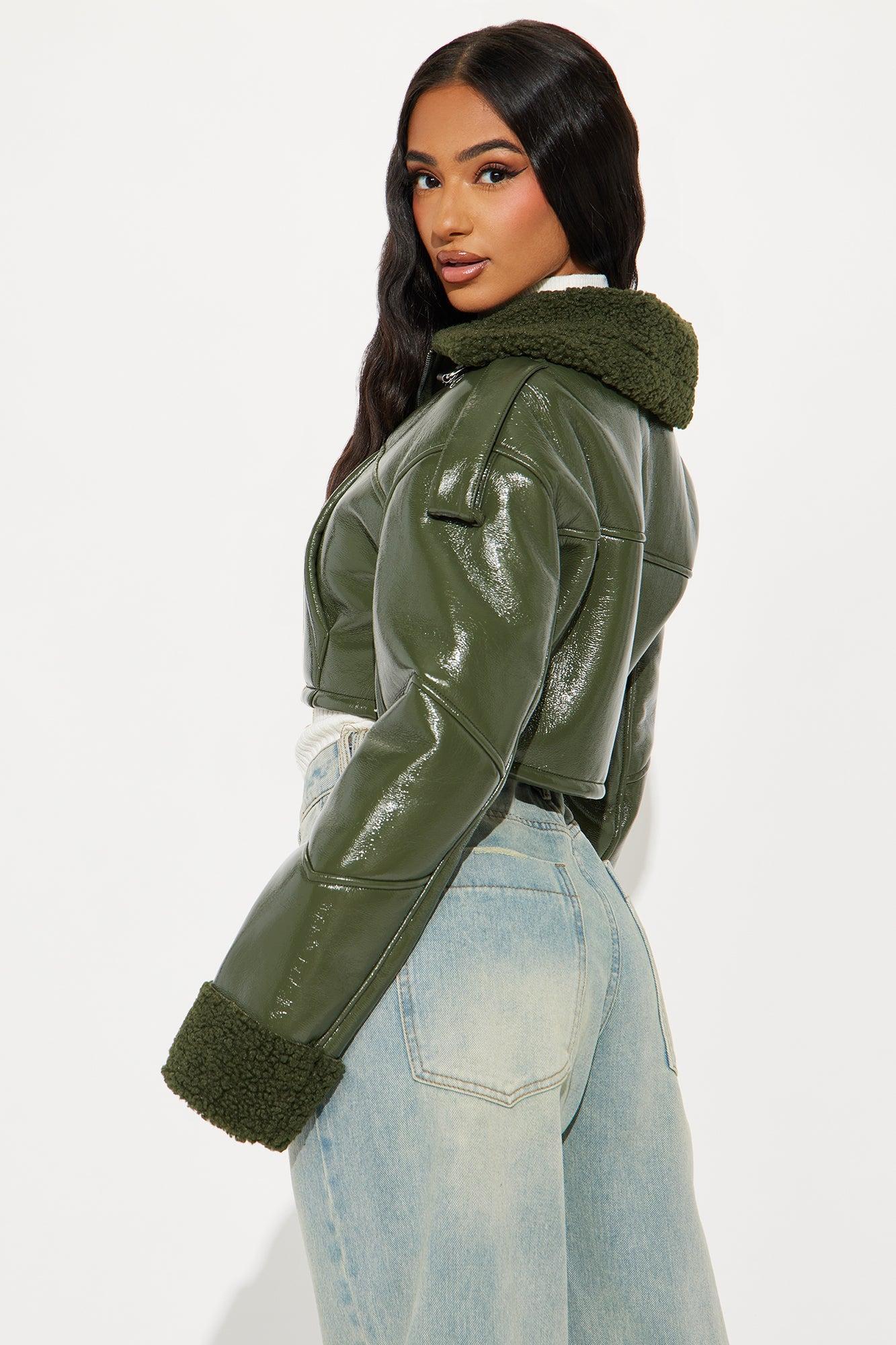 Bad Influence Faux Leather Cropped Jacket - Olive Product Image