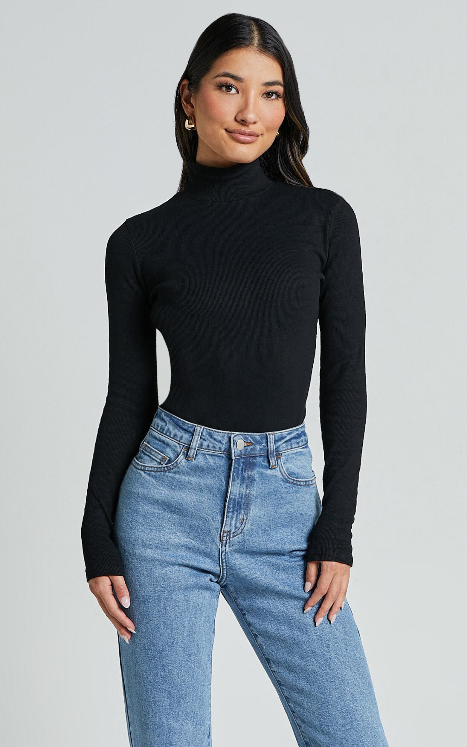 Isabela Bodysuit - High Neck Long Sleeve Ribbed Bodysuit in Black Product Image