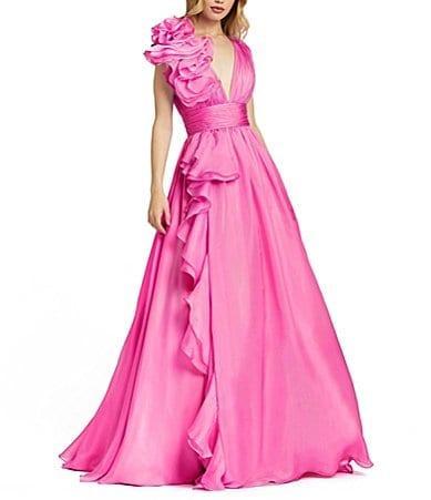 Mac Duggal Deep V-Neck Sleeveless Ruffled Shoulder Ball Gown Product Image