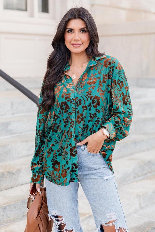 Just A Crush Teal And Brown Velvet Floral Print Button Front Blouse Product Image