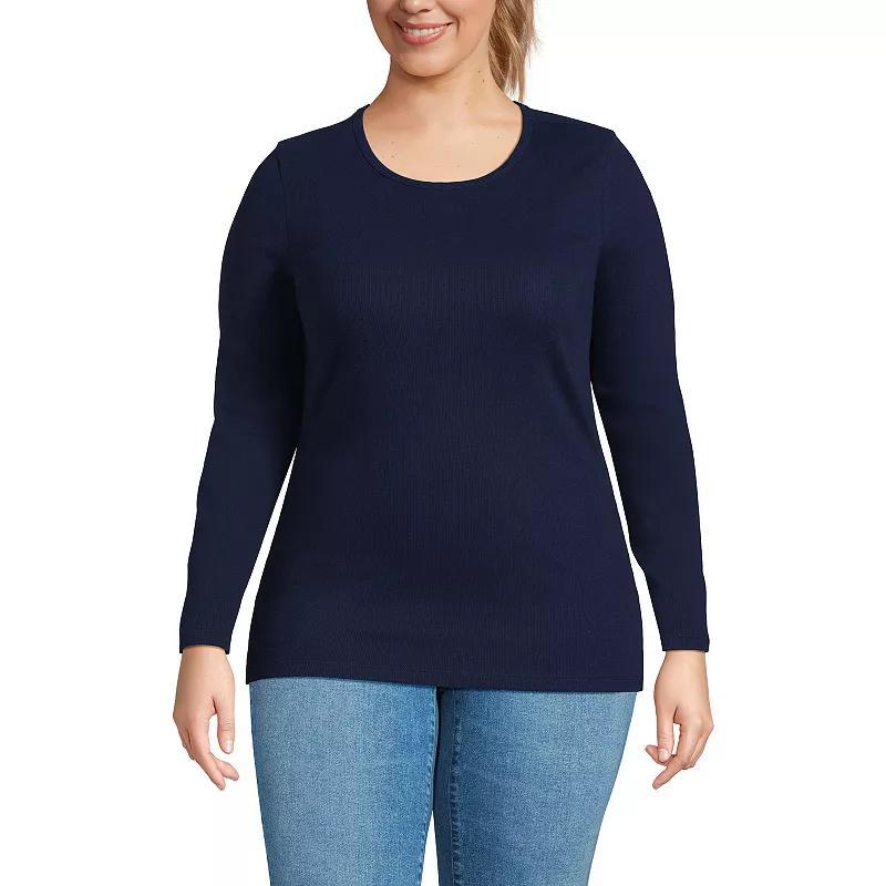 Plus Size Lands End Long Sleeve Micro Rib Crewneck Top, Womens Product Image