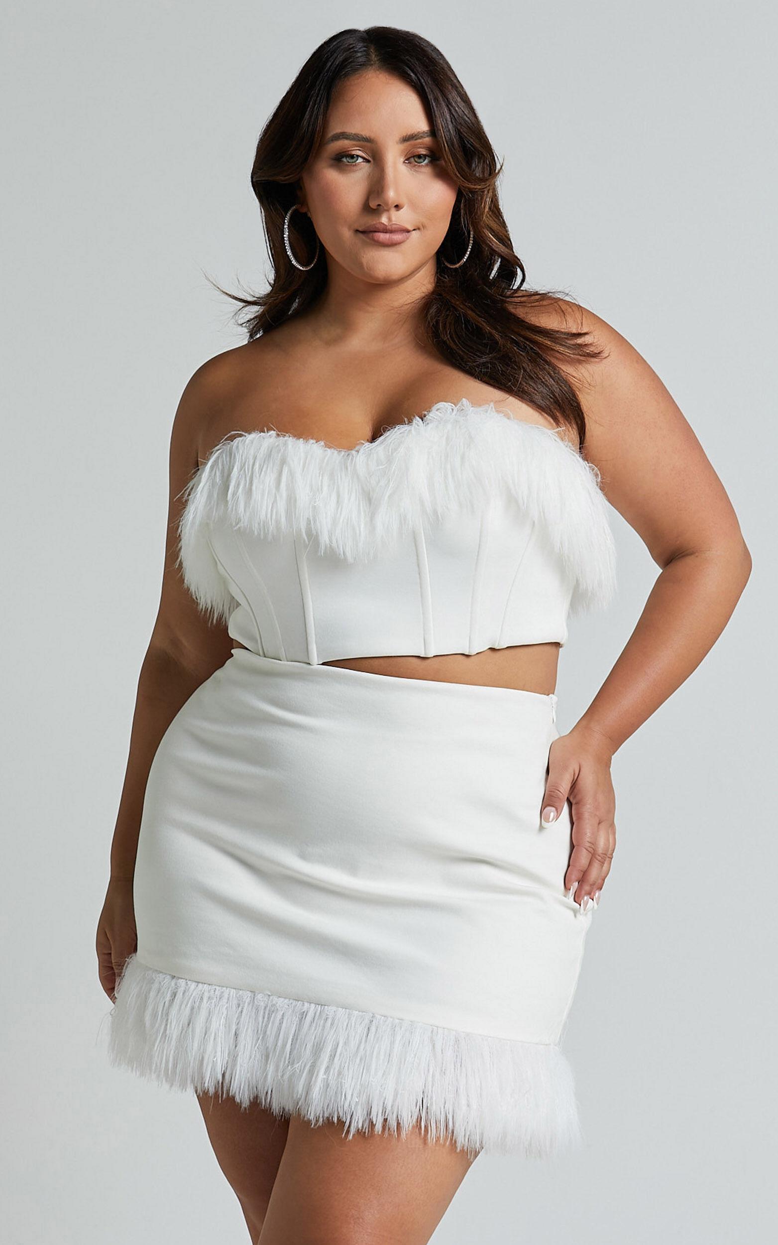 Rhaiza Top - Faux Feather Trim Strapless Sweetheart Crop Top in White Product Image