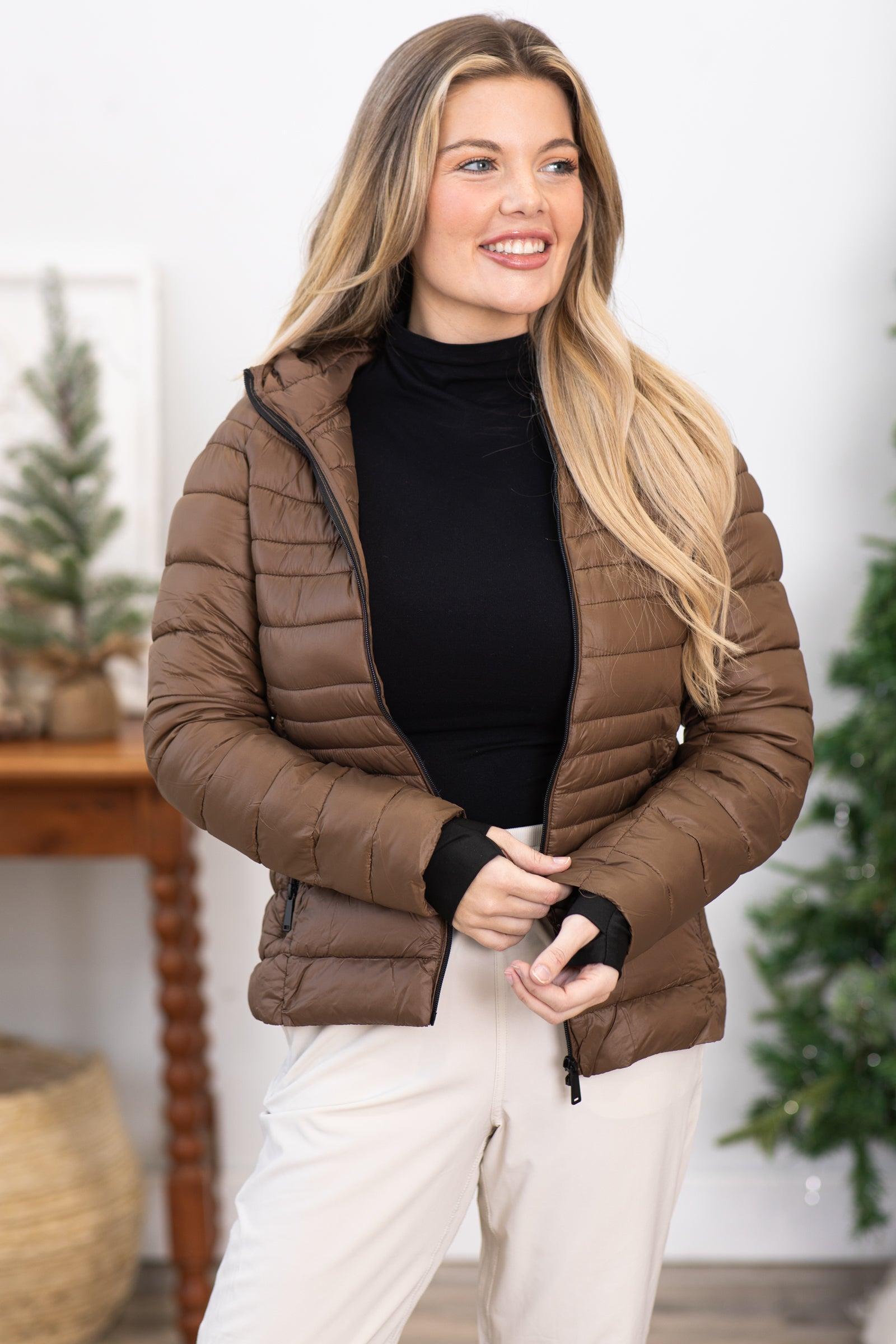 Brown Hooded Puffer Jacket With Thumbholes Product Image