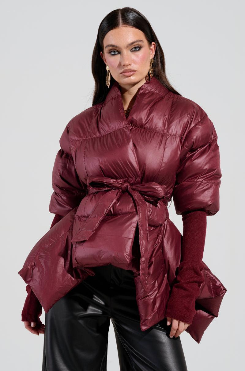 RIB SLEEVE PEPLUM PUFFER IN BURGUNDY Product Image