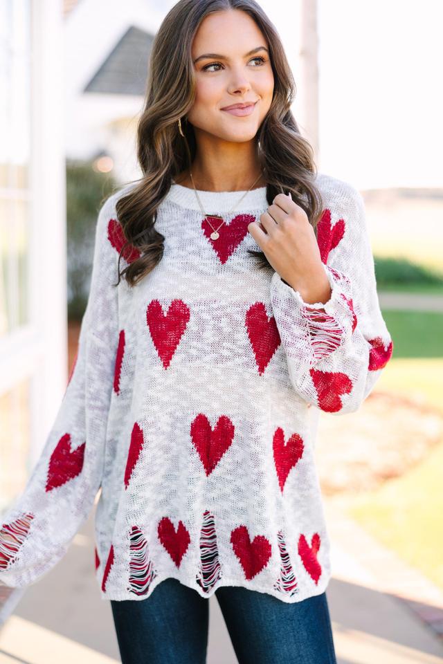 Feeling Like A Queen Ivory White Heart Print Sweater Female Product Image