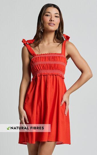 Cloe Mini Dress - Linen Look Tie Shoulder Shirred Dress in Red Product Image