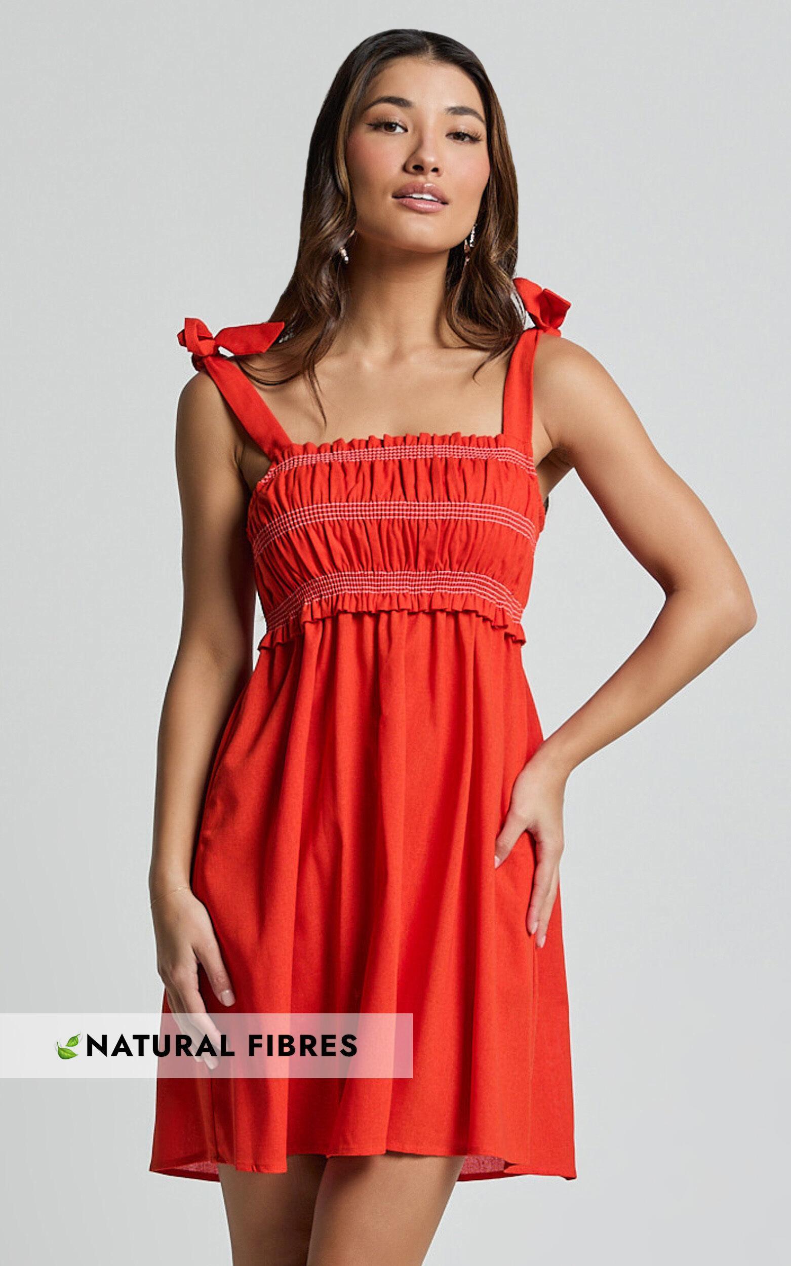 Cloe Mini Dress - Linen Look Tie Shoulder Shirred Dress in Red Product Image