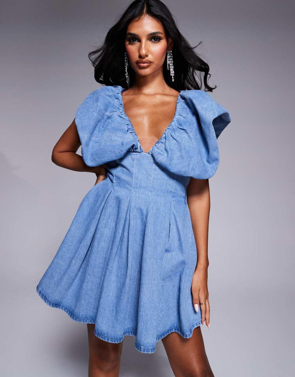 ASOS LUXE denim bubble plunge mini dress in light wash blue Product Image