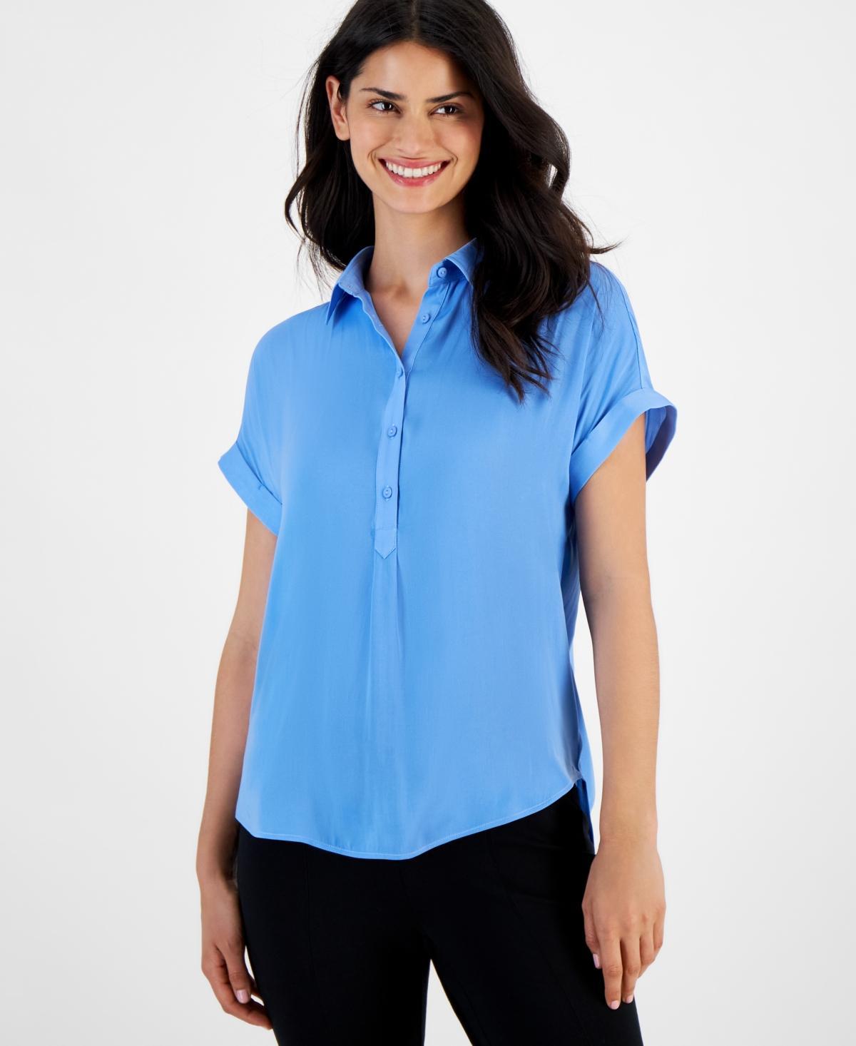 T Tahari Womens Cuffed Short-Sleeve Collared Top Product Image