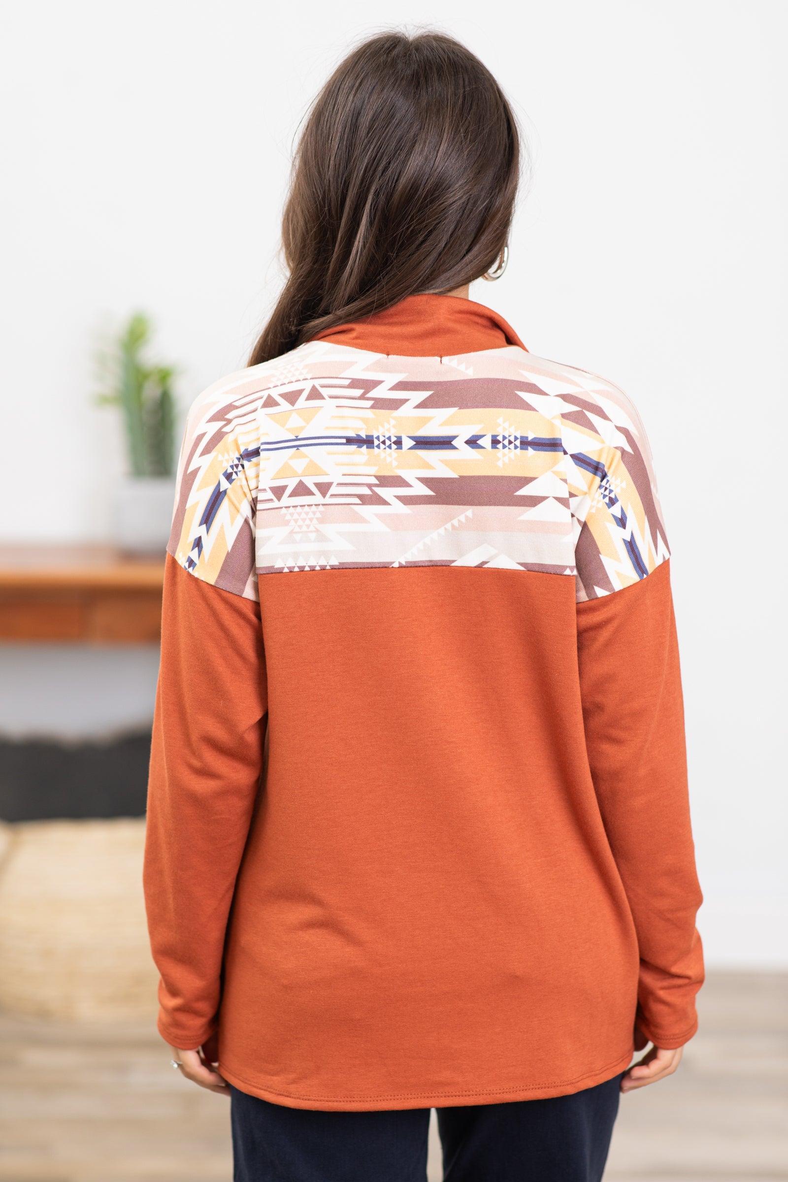 Rust Colorblock Aztec Print Half Zip Pullover Product Image