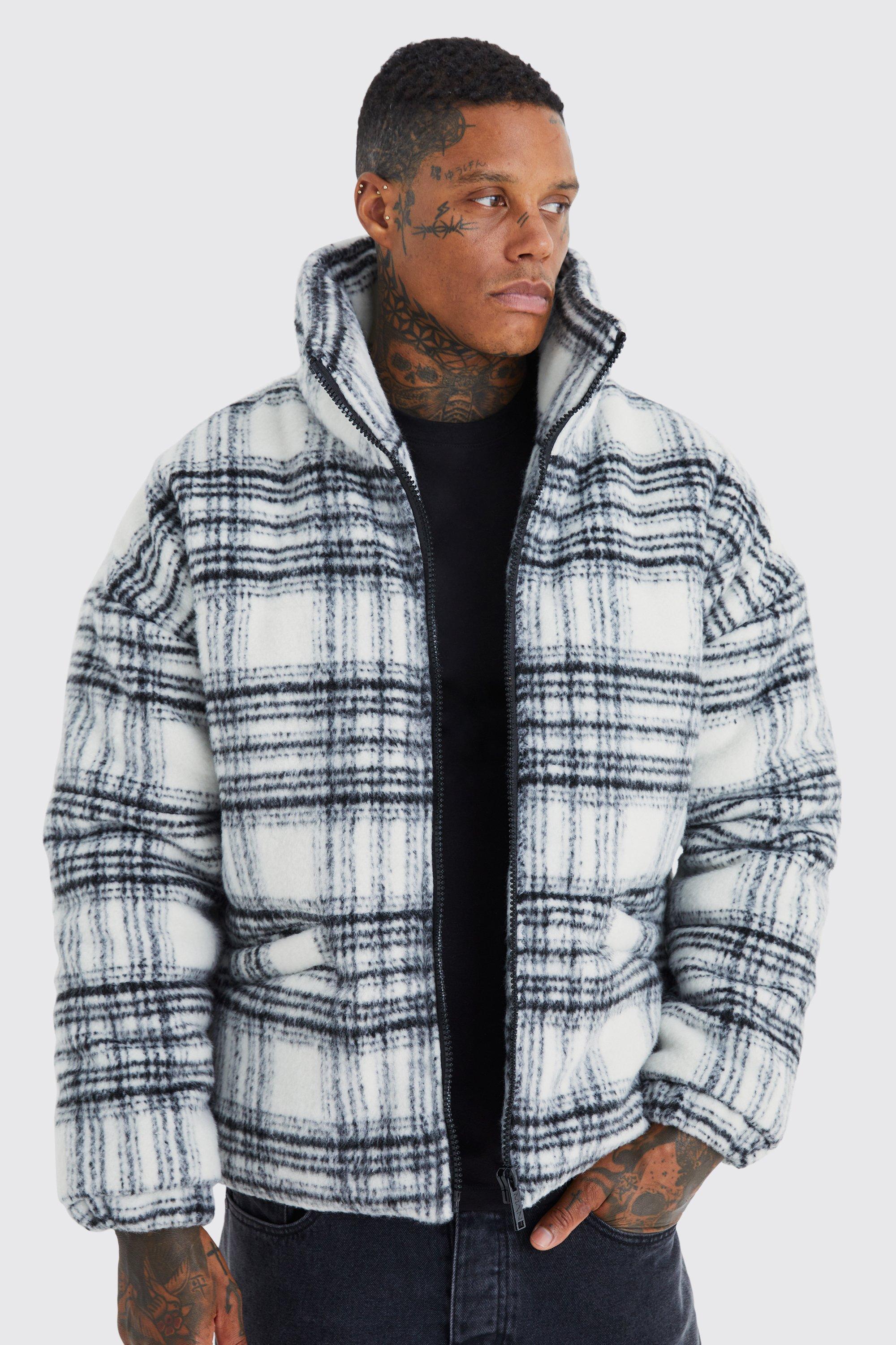 Brushed Check Funnel Neck Puffer | boohooMAN USA Product Image