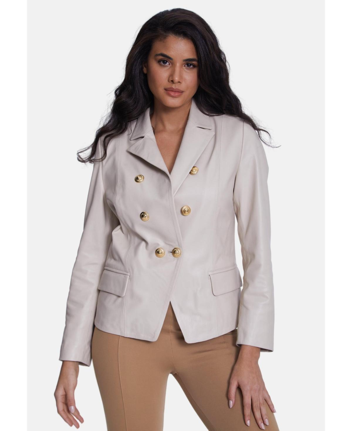 Furniq Uk Womens Genuine Leather Blazer Jacket Beige Product Image