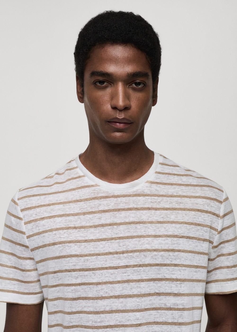 MANGO MAN - 100% linen striped t-shirt whiteMen Product Image