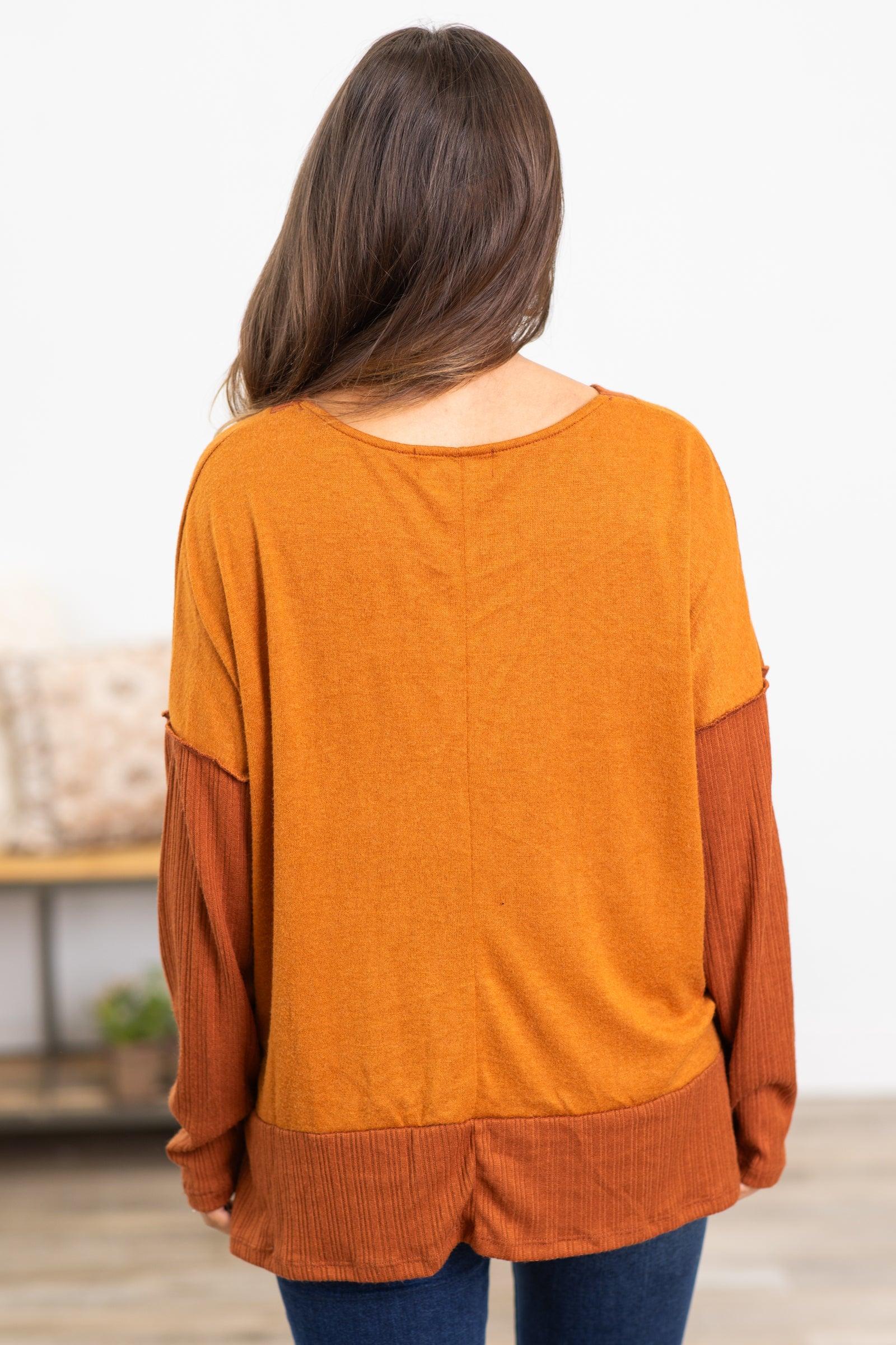 Cognac V-Neck Reverse Seam Top Product Image