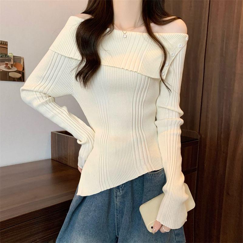 Long-Sleeve Off Shoulder Asymmetrical Plain Knit Top Product Image