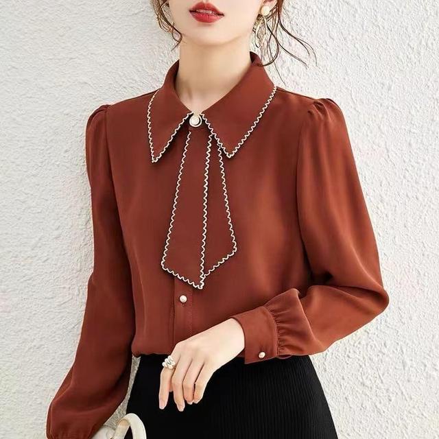 Long-Sleeve Ribbon Neck Plain Shirt Product Image