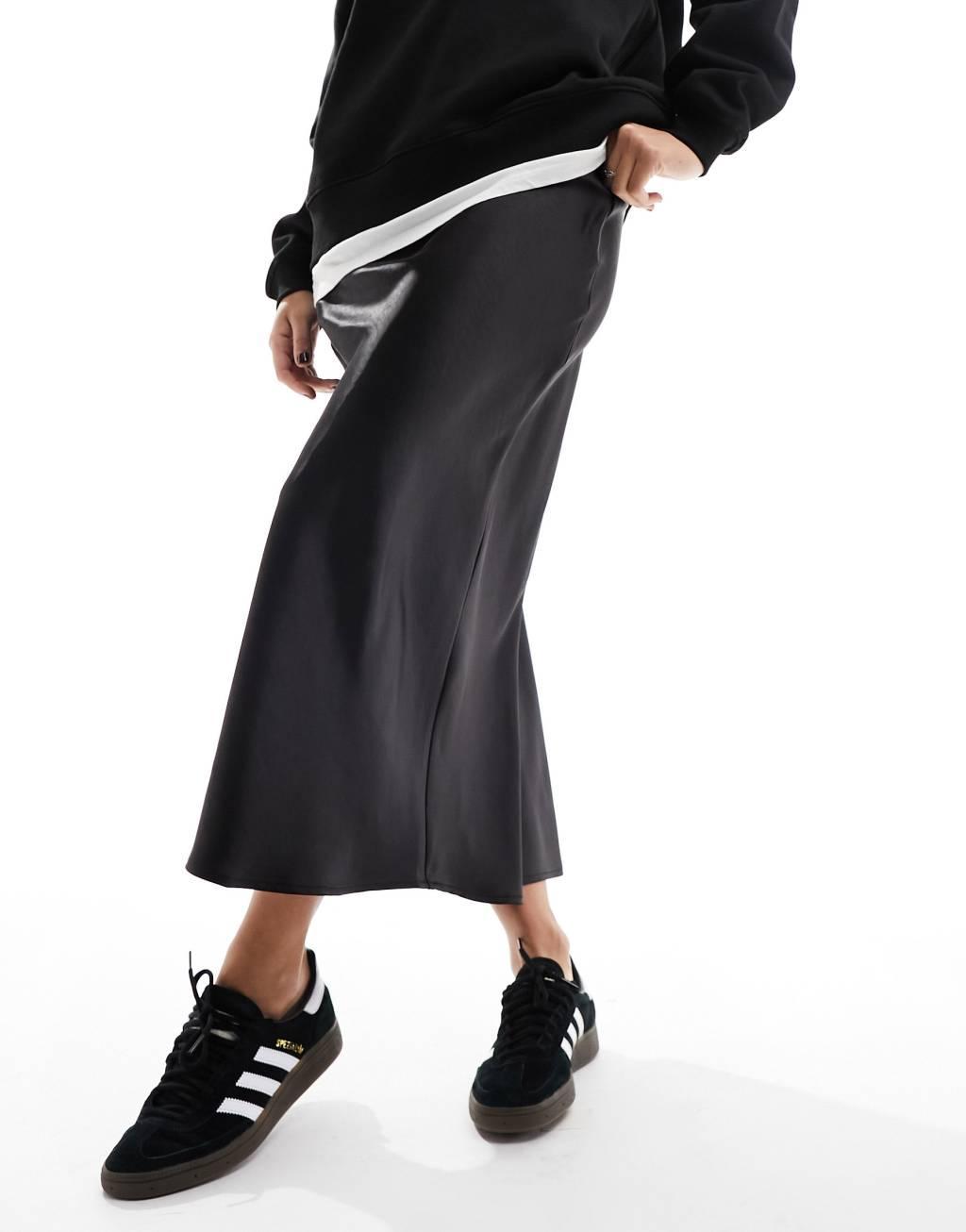 Mango satin midi skirt in black Product Image