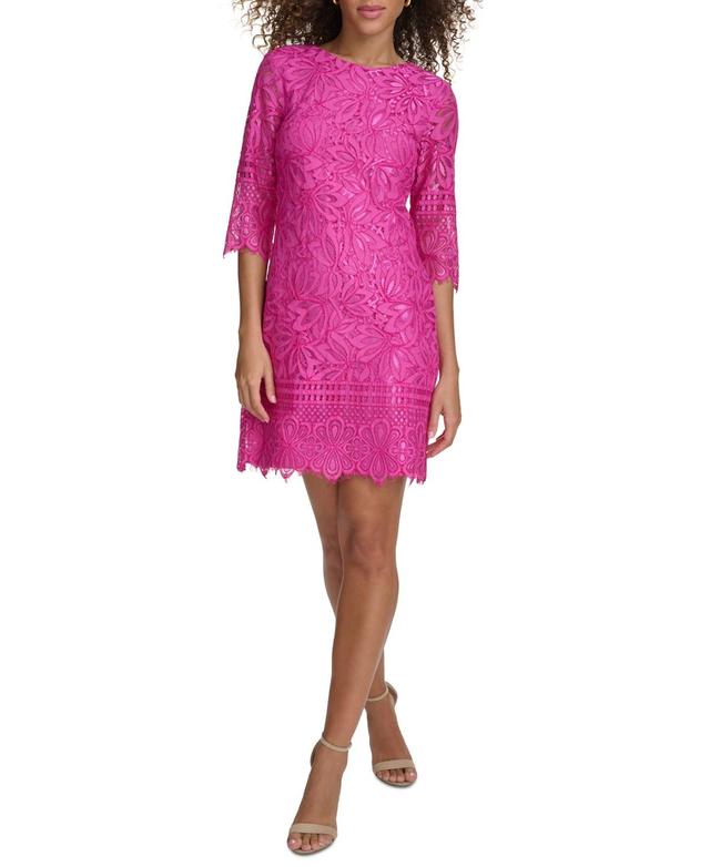 Kensie 34 Illusion Sleeve Contrasting Corded Floral Lace Scalloped Hem Sheath Dress Product Image