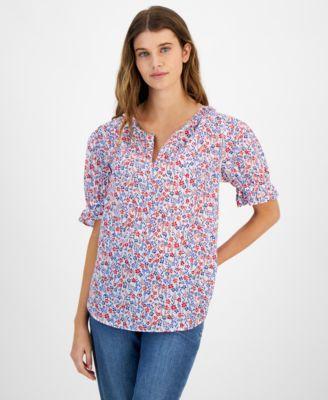 Women's Cotton Floral-Print Ruffled-Cuff Top Product Image