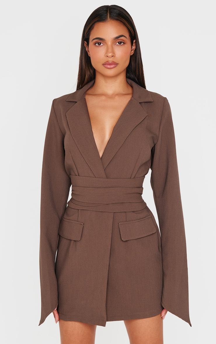 Chocolate Woven Wrap Belted Blazer Dress Product Image