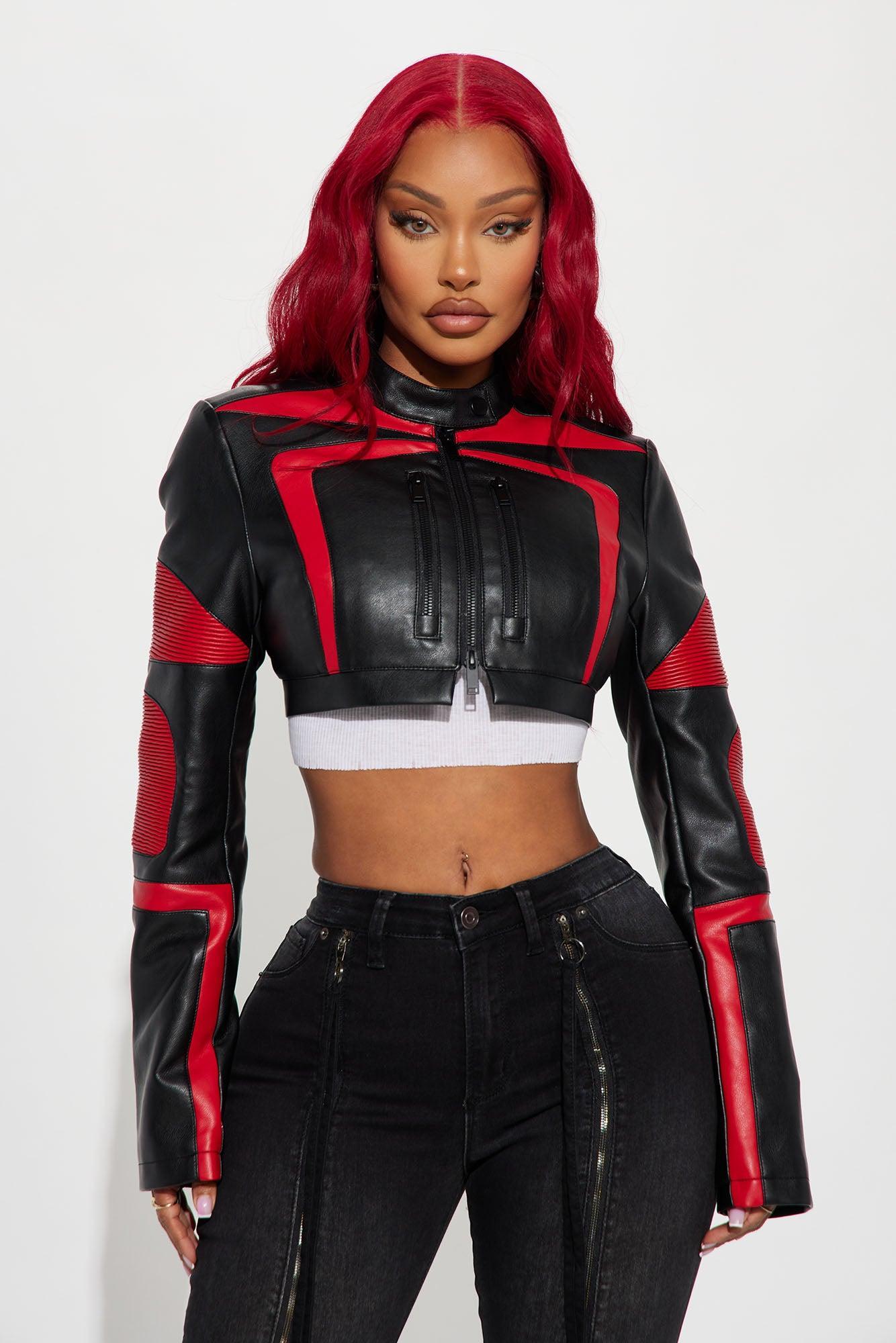 Not Like The Rest Faux Leather Moto Jacket - Black/Red Product Image