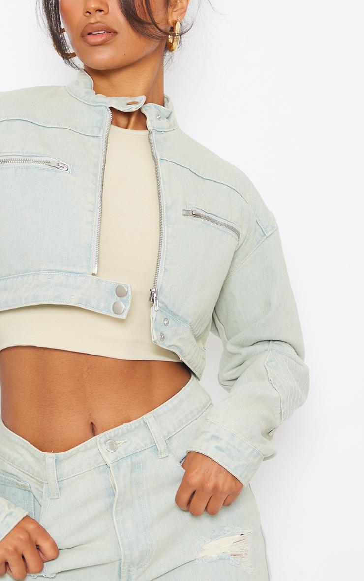 Ice Blue Vintage Wash Biker Detail Cropped Denim Jacket Product Image