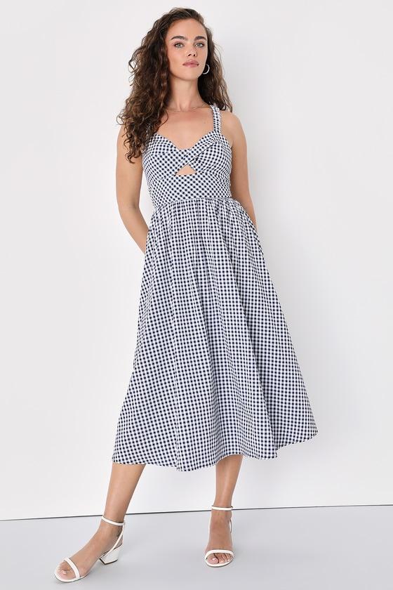 City Strolls Navy Blue Gingham Backless Twist-Front Midi Dress Product Image