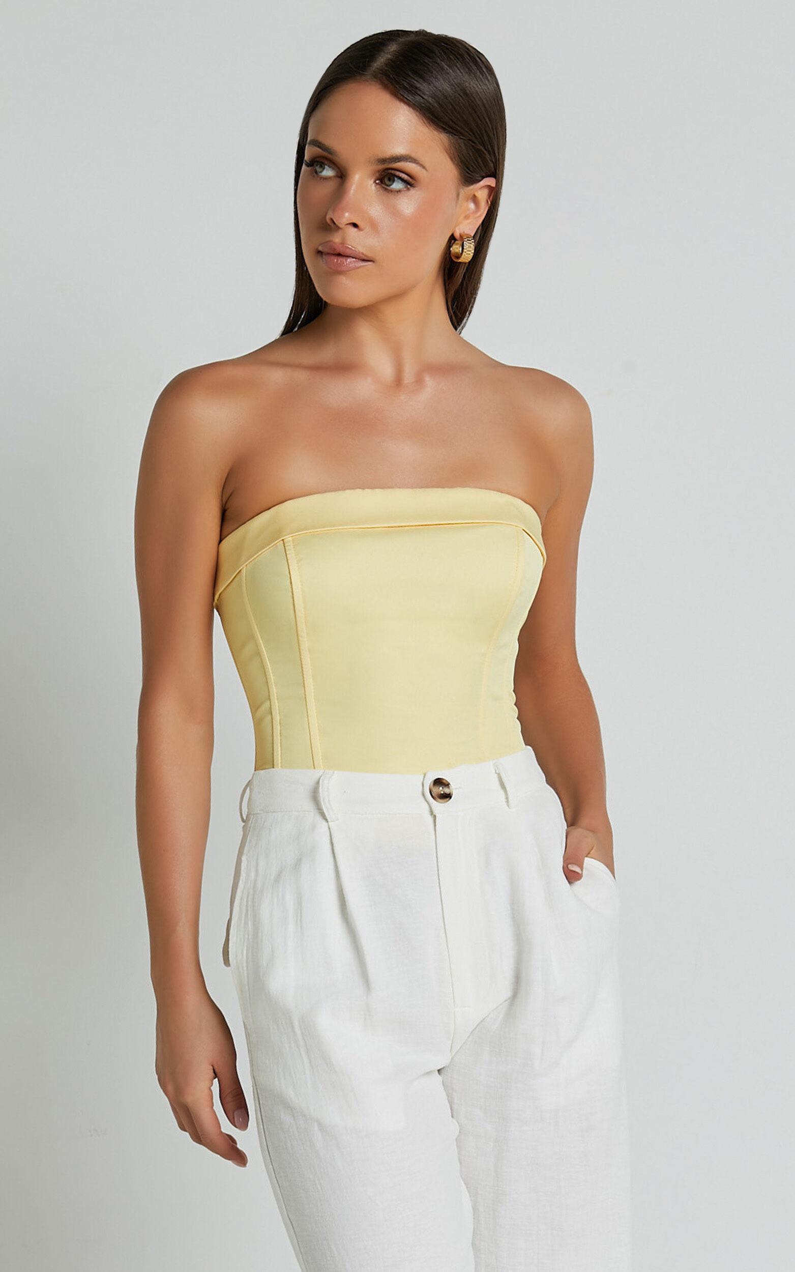 Vaira Top - Strapless Corset Top in Butter Yellow Product Image