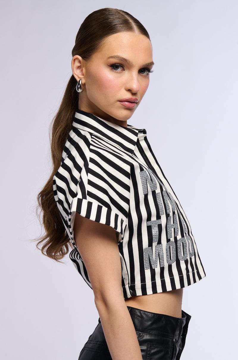 NOT IN THE MOOD STRIPED BUTTON DOWN CROP BLOUSE Product Image