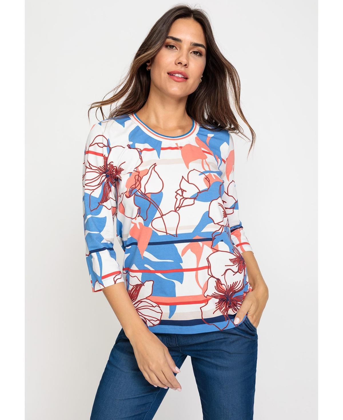 Olsen Womens Cotton Blend 3/4 Sleeve Multi-Print T-Shirt Product Image