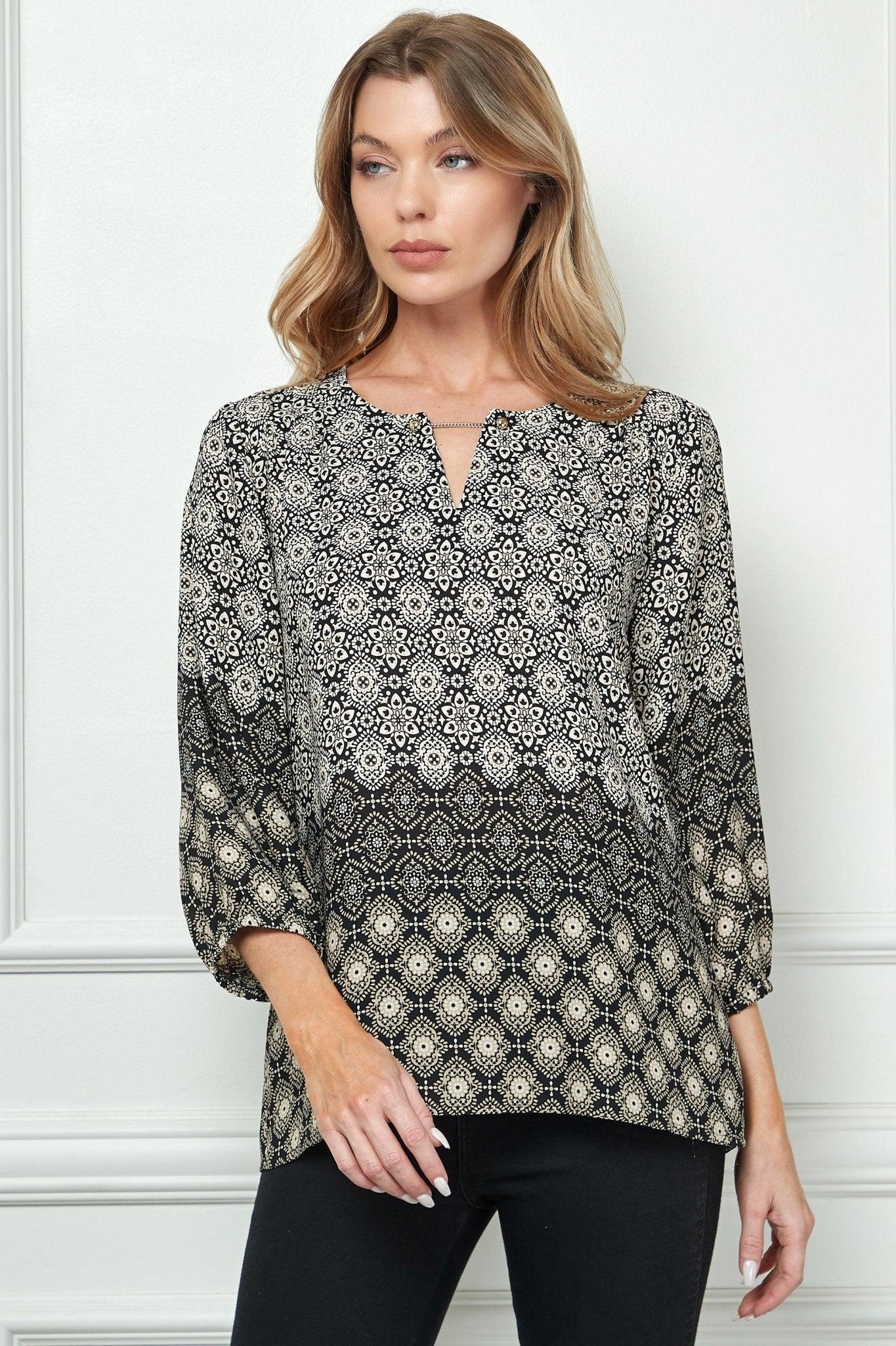 3/4 Sleeve Border Print Top Product Image