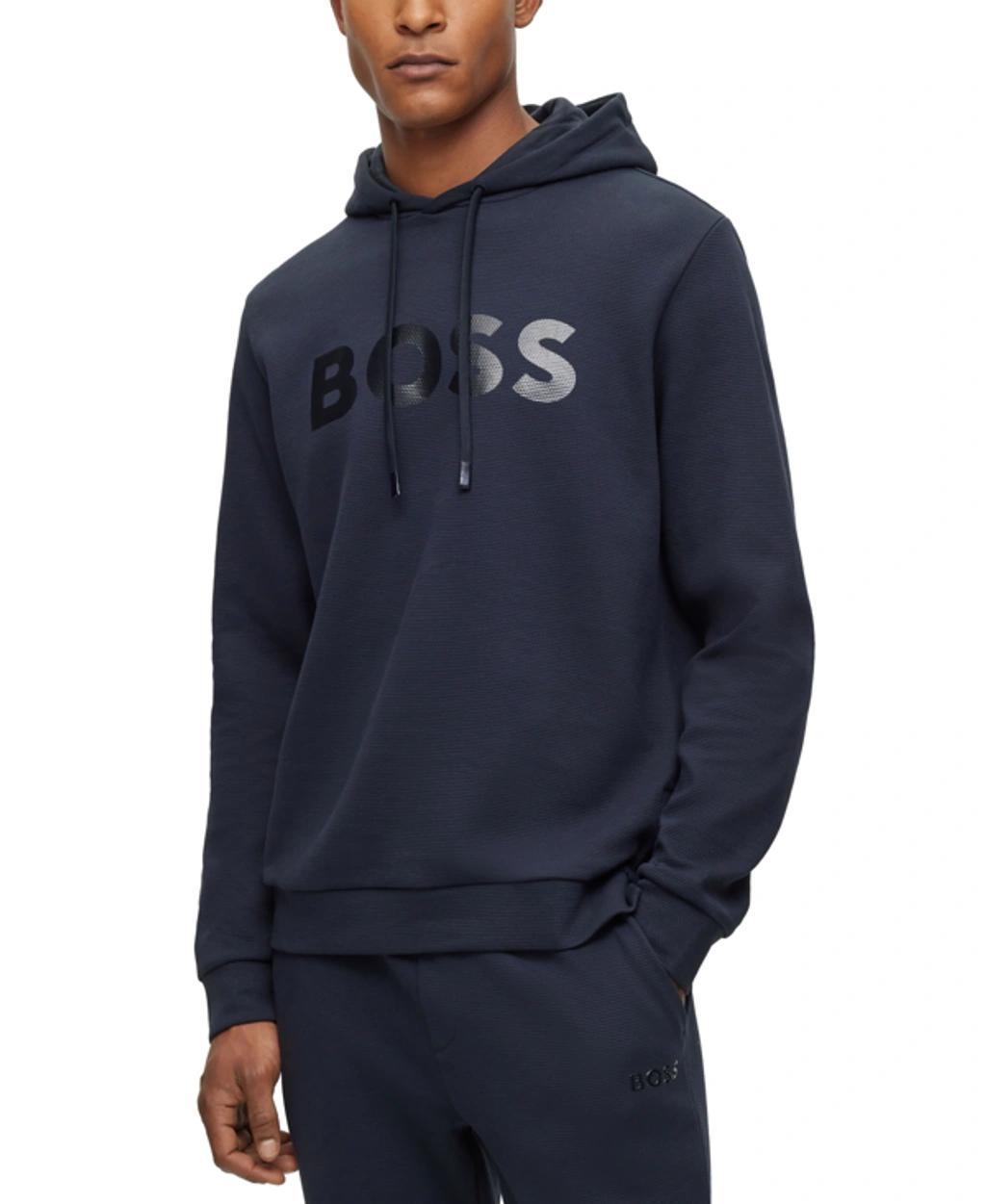 Boss By  Men's Logo Artwork Relaxed-fit Hoodie In Dark Blue Product Image