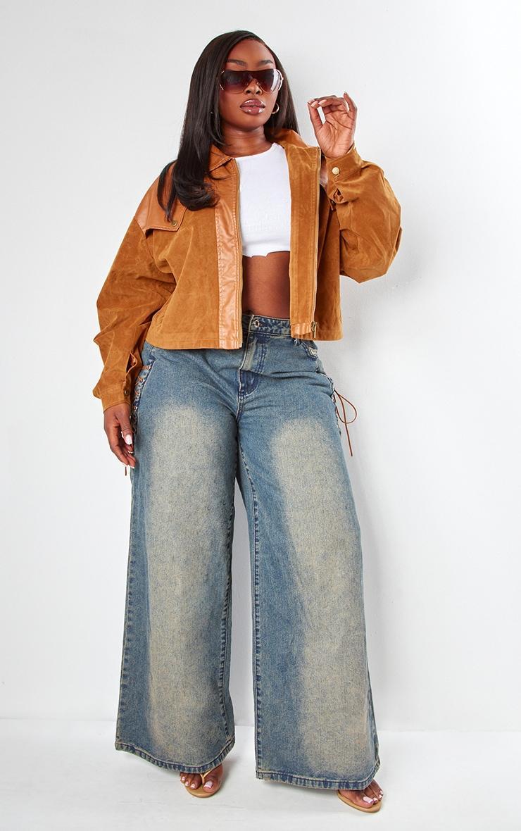 Plus Brown Faux Suede Western Panel Detail Oversized Jacket Product Image