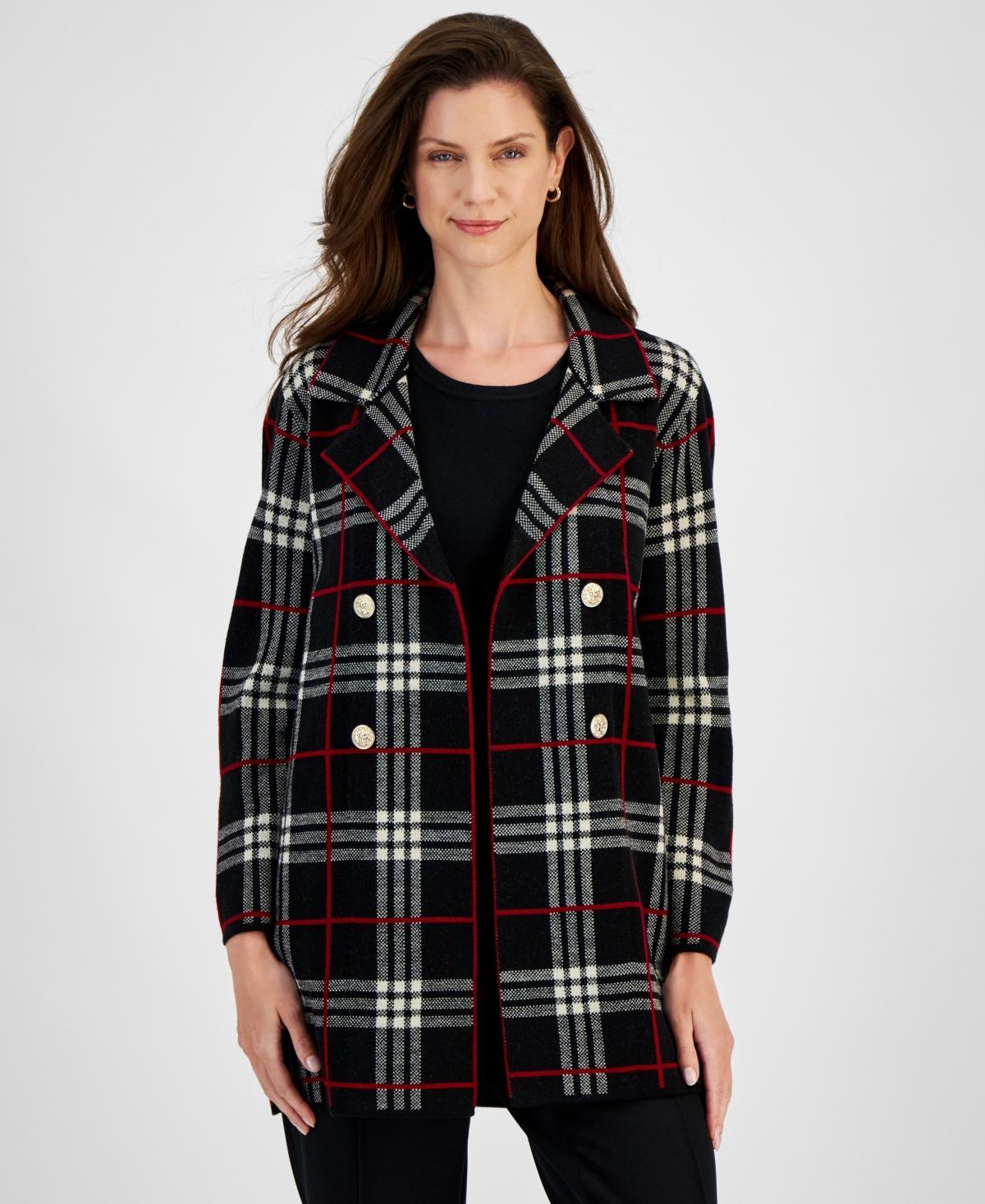 Kasper Womens Plaid Faux-Button Cardigan Product Image