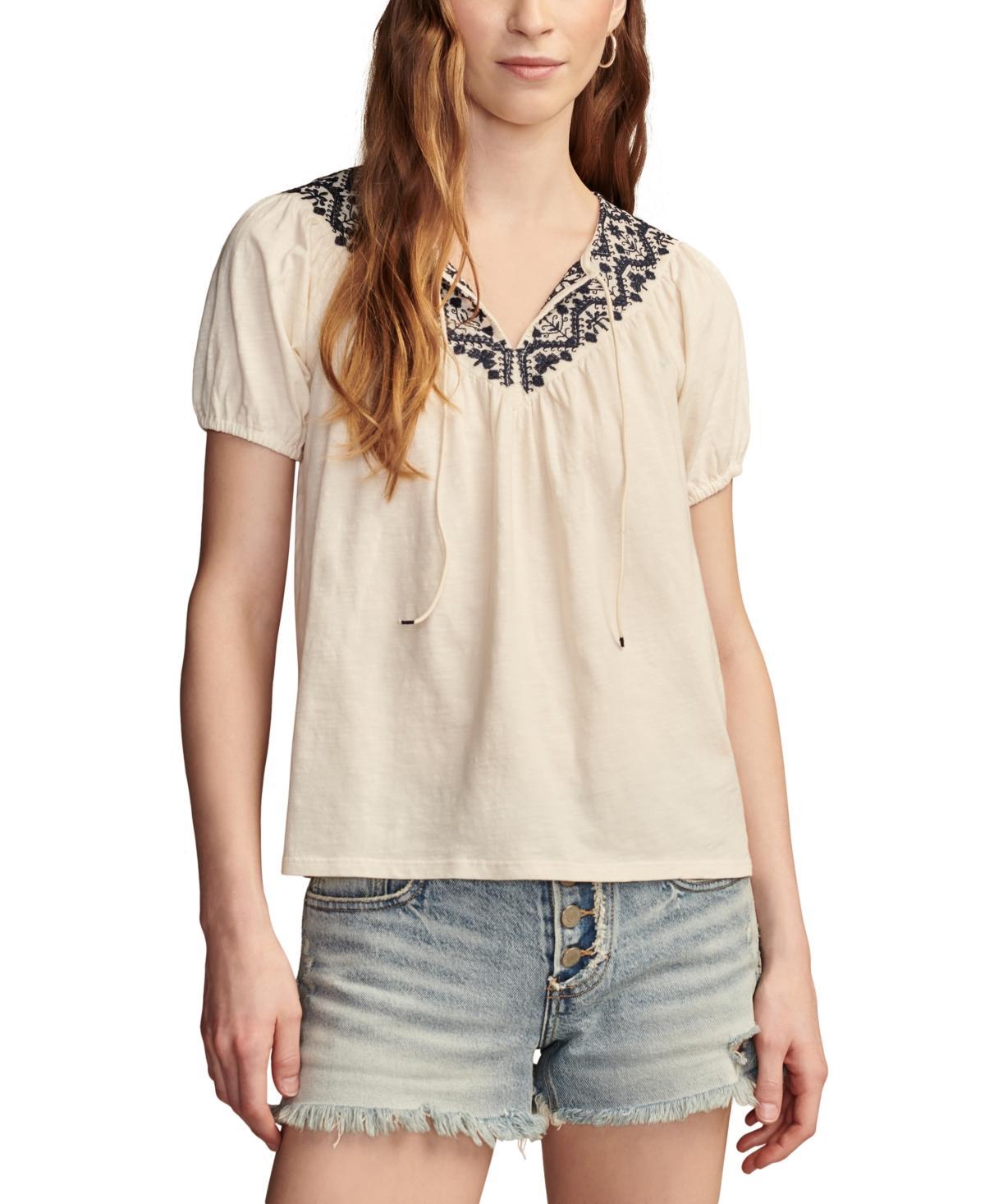 Women's Embroidered Tie-Neck Peasant Top Product Image