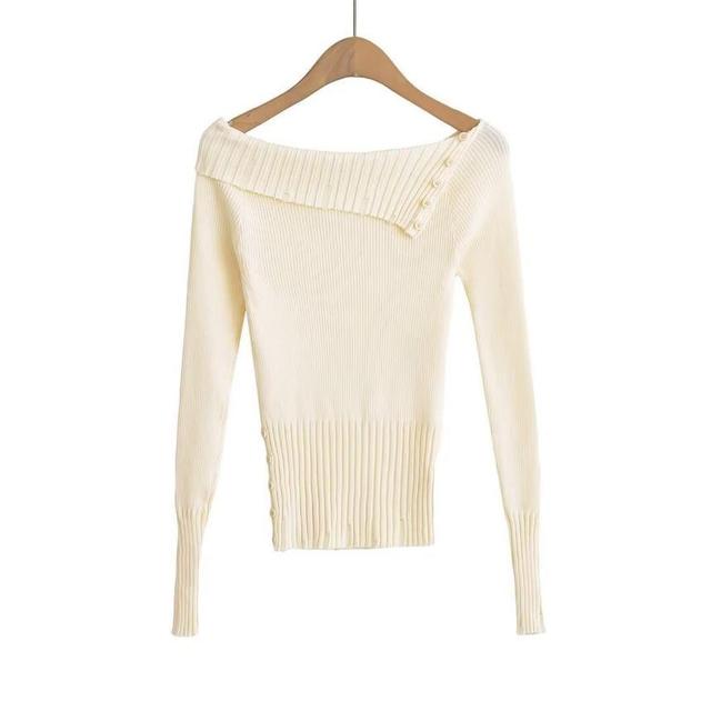 Off-Shoulder Long-Sleeve Plain Knit Top Product Image