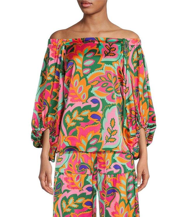 Sugarlips Satin Tropical Print Off-the-Shoulder Long Balloon Sleeve Coordinating Blouse Product Image